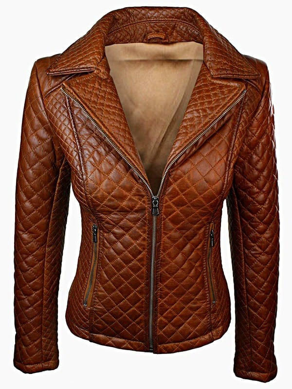 Tan Brown Women Quilted Sheepskin Leather Jacket in USA