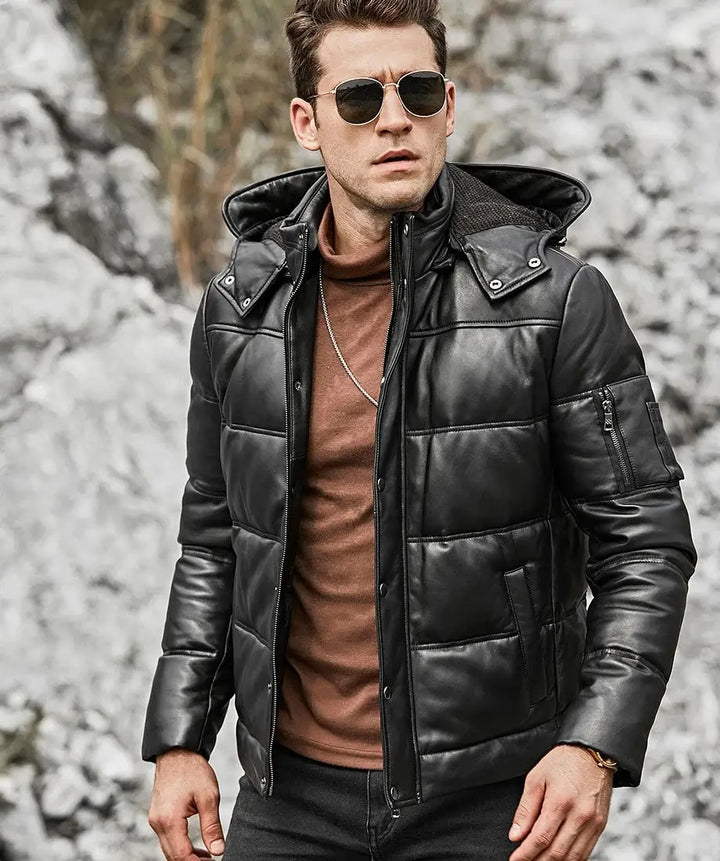 Leather puffer jacket for men with detachable hood in France style