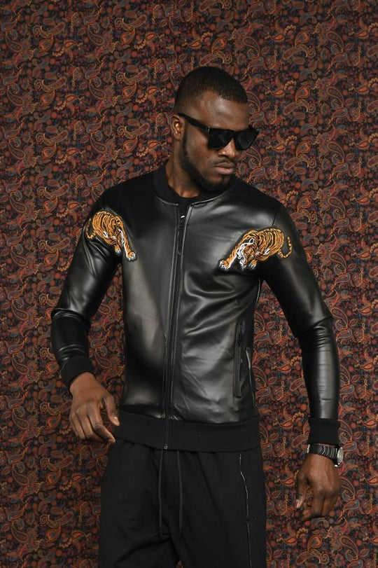 Men Tiger Bomber Leather Jacket