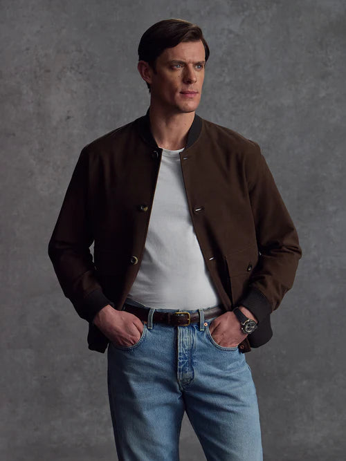 Brown moleskin bomber jacket with ribbed cuffs in USA