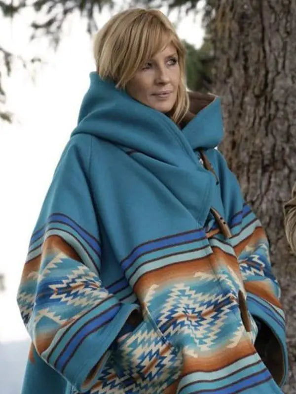 Kelly Reilly Yellowstone Blue Fleece Coat with Hood in American style