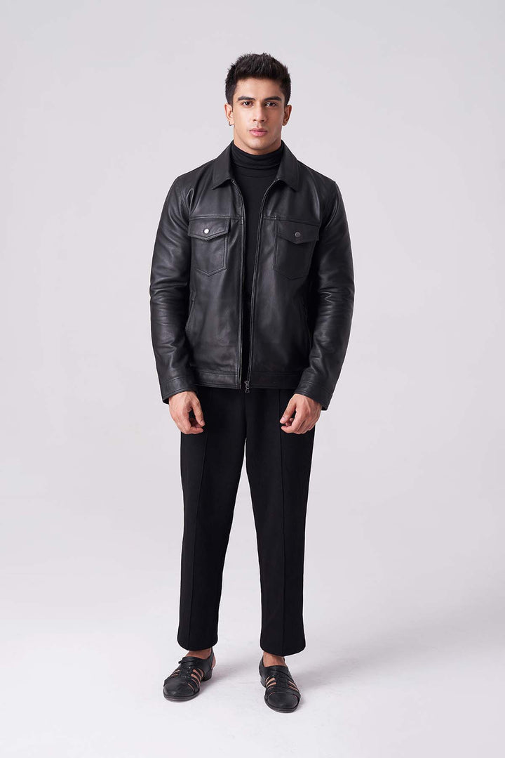 Men's luxury black leather jacket front view