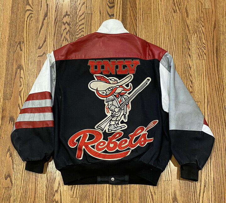 Classic UNLV Rebels NCAA varsity jacket by Jeff Hamilton, highlighting team logo and premium vintage style