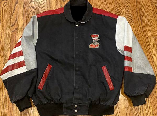 Vintage UNLV Rebels varsity jacket designed by Jeff Hamilton, featuring bold NCAA team colors and USA craftsmanship