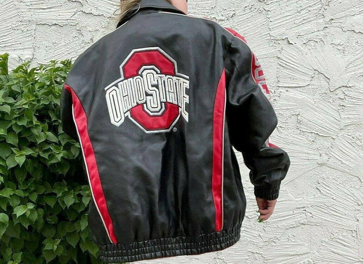 Ohio State Buckeyes 90s leather jacket featuring bold team branding and premium vintage craftsmanship