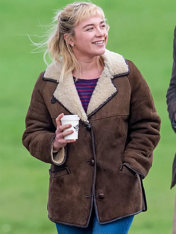 Florence Pugh Brown Shearling Leather Jacket
