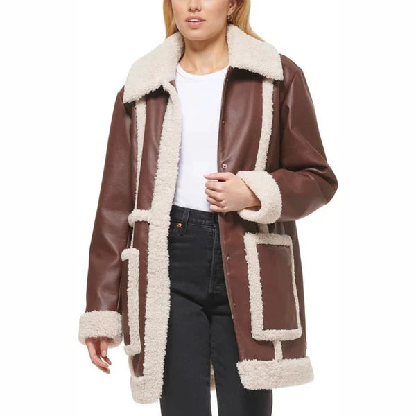 Zweireihiger Shearling-Ledermantel mit Faux-Fur-Kragen für Herren von TJS 