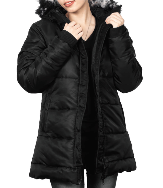 Black puffer coat with faux fur trim hood in American style