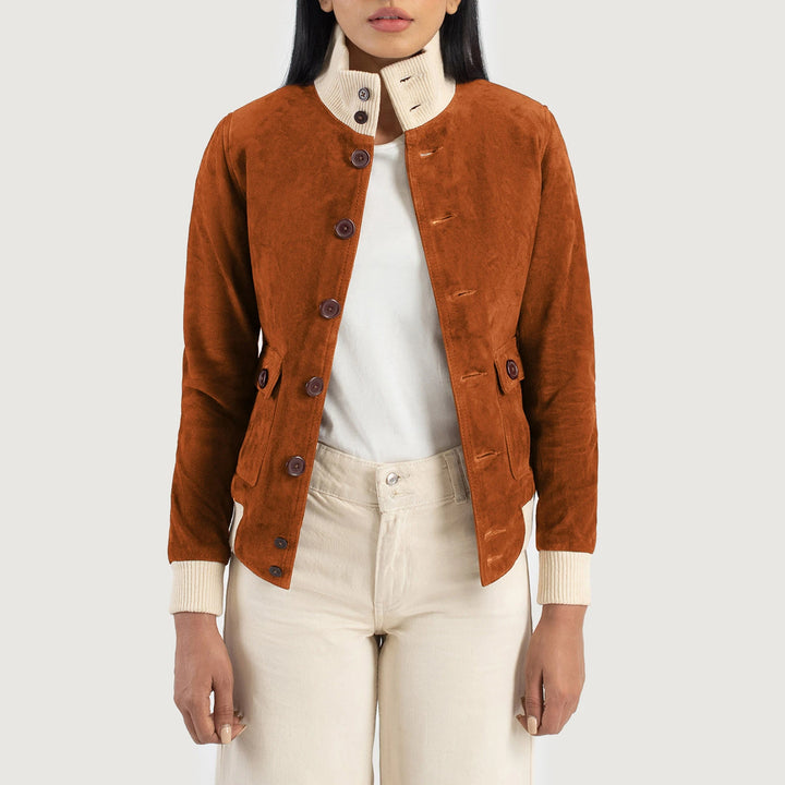 Opened Zip View Sasha A1 Brown Suede Bomber Jacket