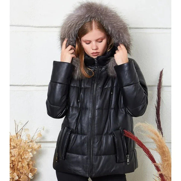 Womens Black Puffer Jacket With Faux Shearling Hooded
