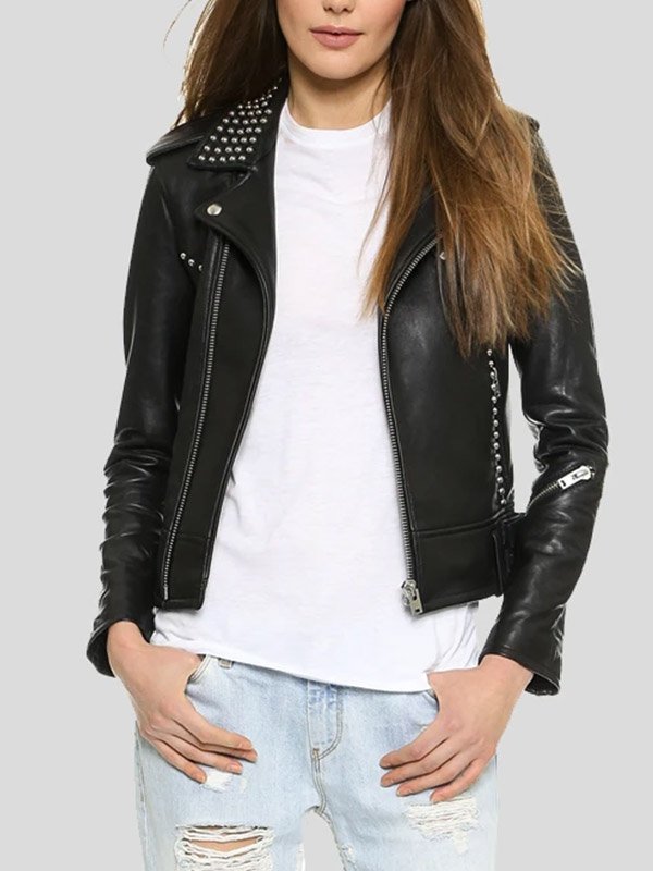 Fashionable women's studded leather jacket in France style