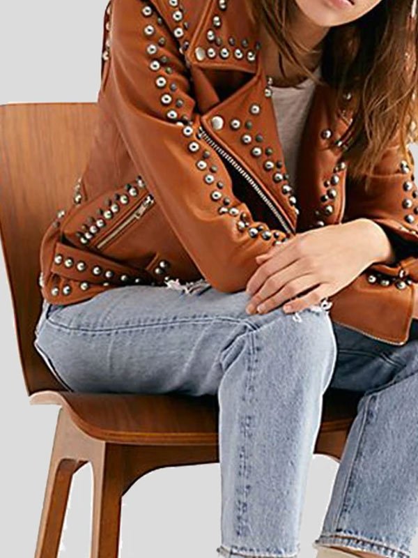 Fashionable studded brown leather jacket for women in France style