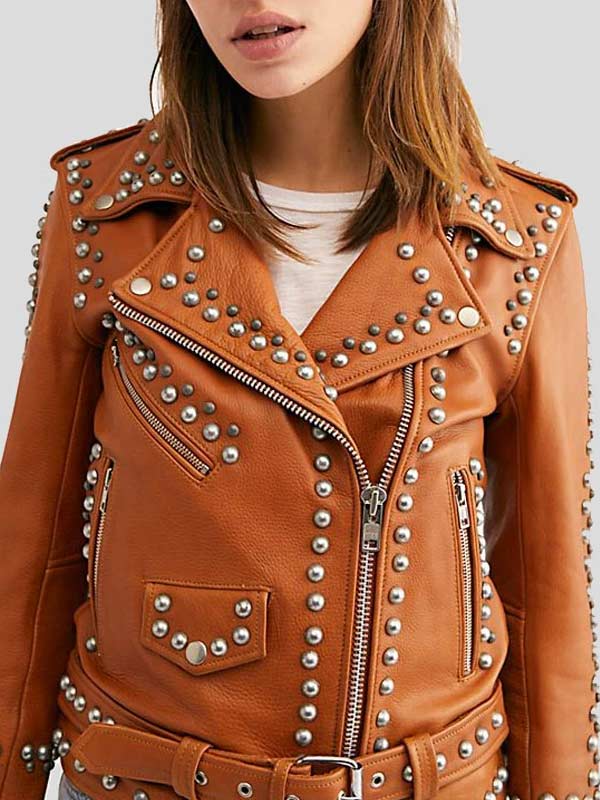 Edgy women's biker jacket in brown leather with studs in United state market