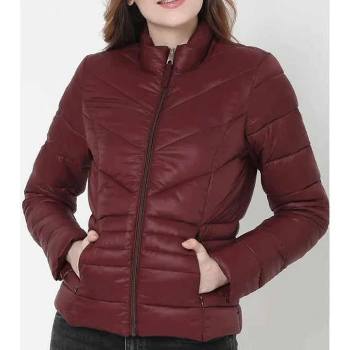 Maroon leather puffer jacket for women in France style