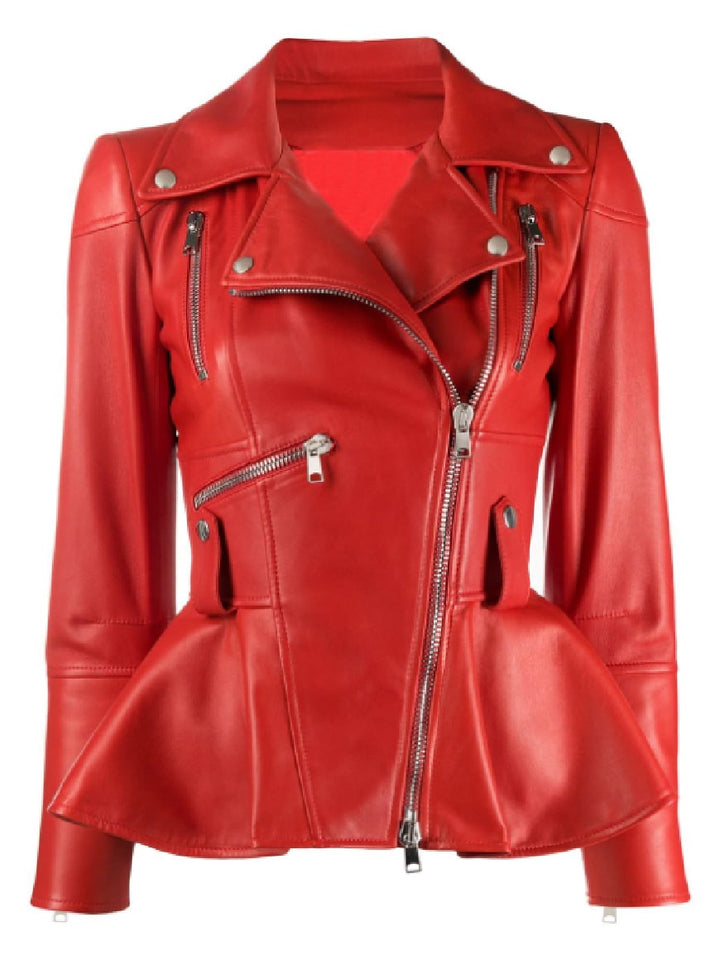 Front View Women’s Red Flared Style Leather Fashion Jacket