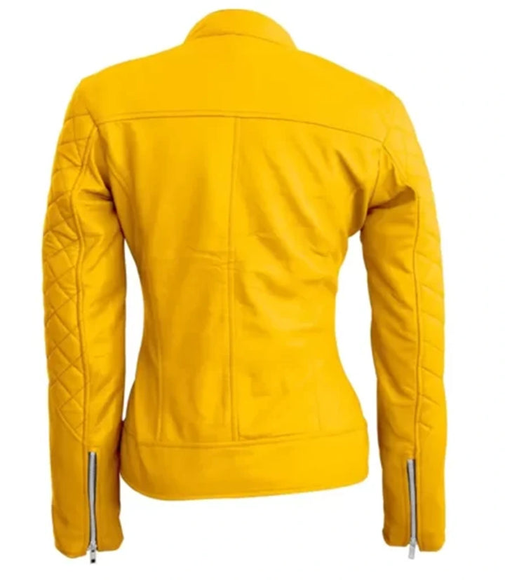 TJS Women's Yellow Quilted Biker Leather Jacket in France style