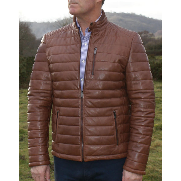 Men's light brown quilted leather jacket for all-day comfort