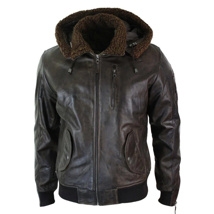 Men's retro leather jacket with internal and external pockets