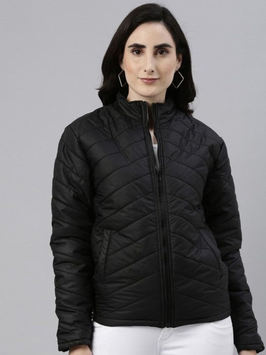 Women’s black windcheater quilted jacket with front zip closure in USA