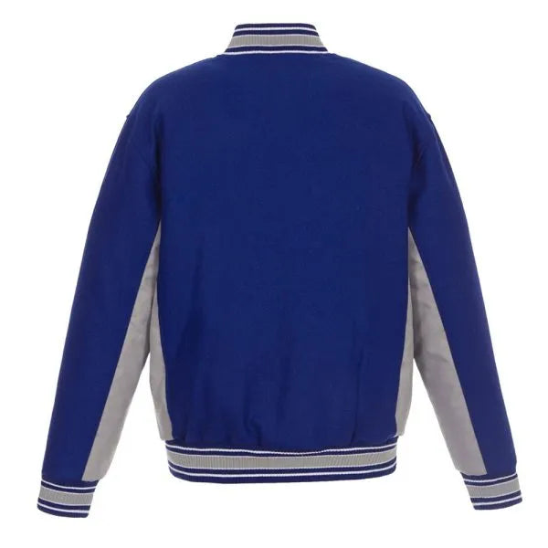 Blue jacket with gray sleeves on a white background