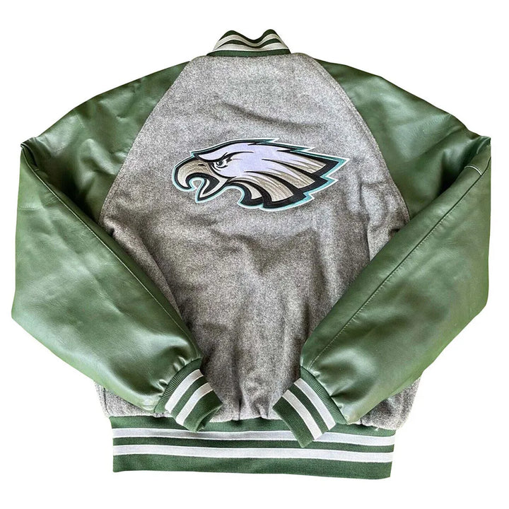 Green and gray varsity jacket with leather sleeves in American Style