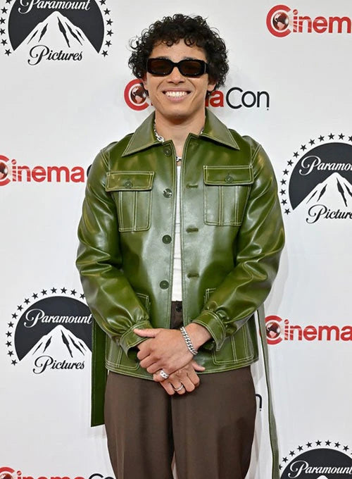 Green leather jacket fashion on Anthony Ramos in American style