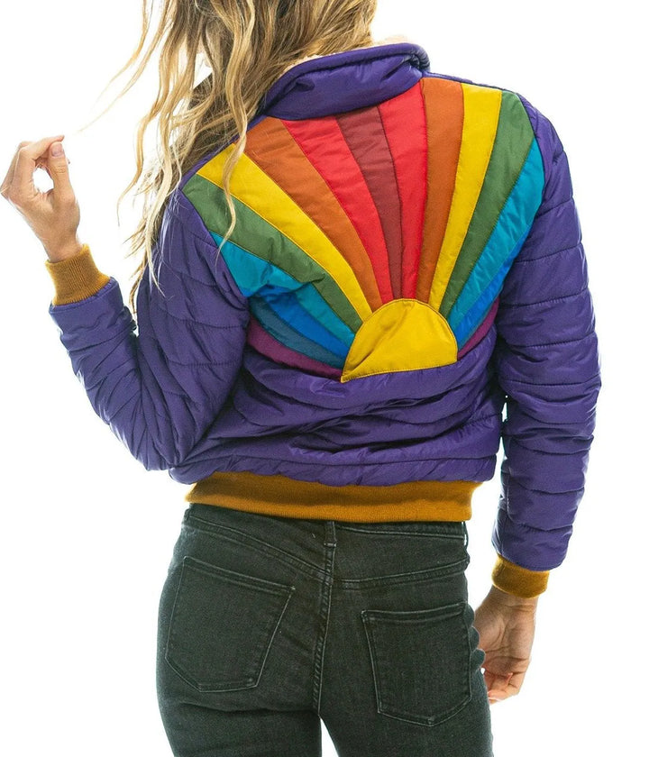 purple back view Rainbow Sunburst Bomber Jacket