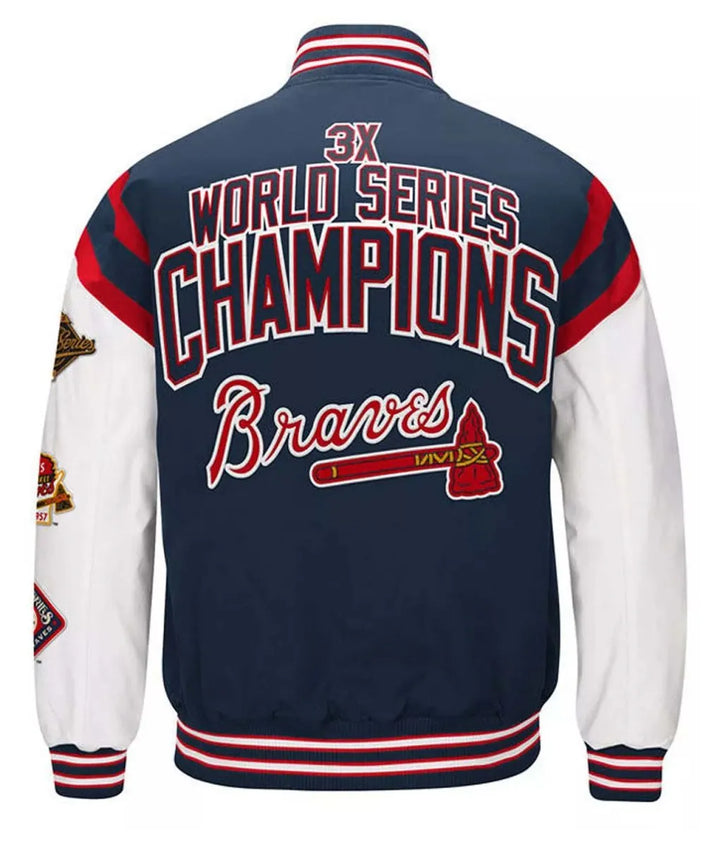 navy and white braves satin varsity jacket

