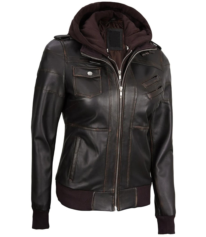 Women's Dark Brown Leather Jacket with Removable Hood in USA