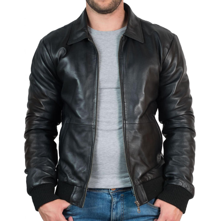 Stylish Black Leather Bomber Jacket for Men in France style