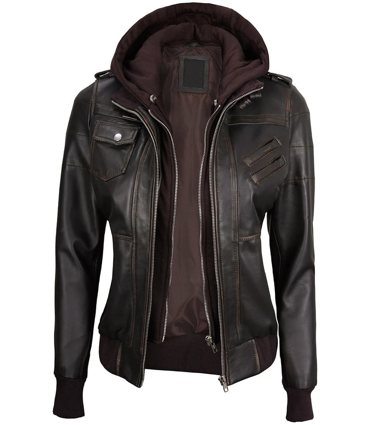 Premium Dark Brown Leather Jacket for Women with Rub Off Finish in American style