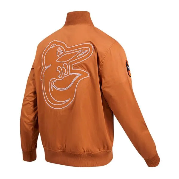 Orange jacket with a logo on the back against a white background