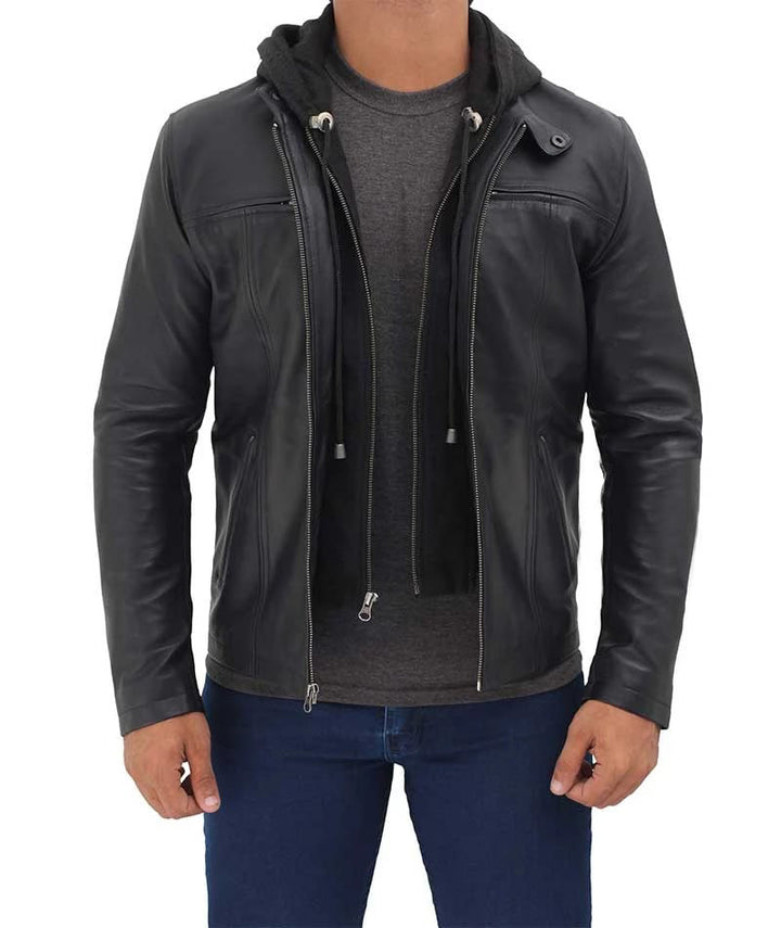 Black leather café racer jacket with hood for men