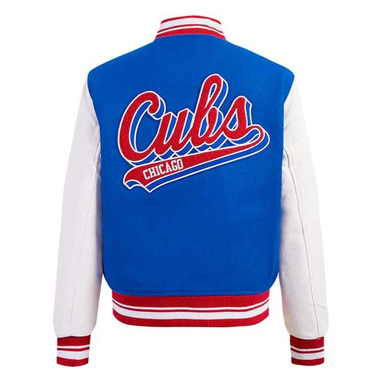 MLB Chicago Cubs women’s wool varsity jacket with script tail logo in USA