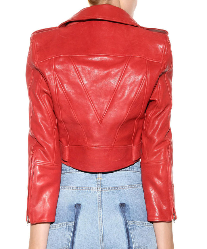 Bebe Rexha celebrity red leather jacket front view in USA