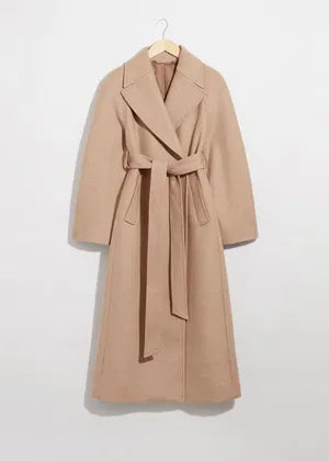 Cozy belted wool-blend overcoat with wide lapels in USA