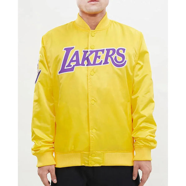 Front View NBA Los Angeles Lakers Big Logo Yellow Satin Jacket