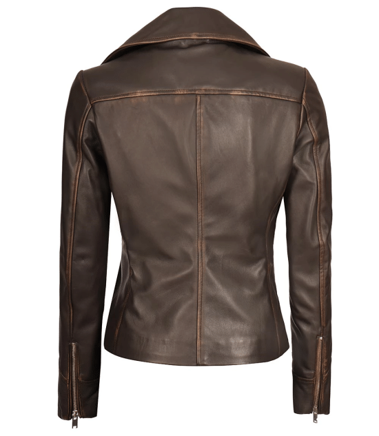 TJS fashionable brown leather biker jacket in USA style