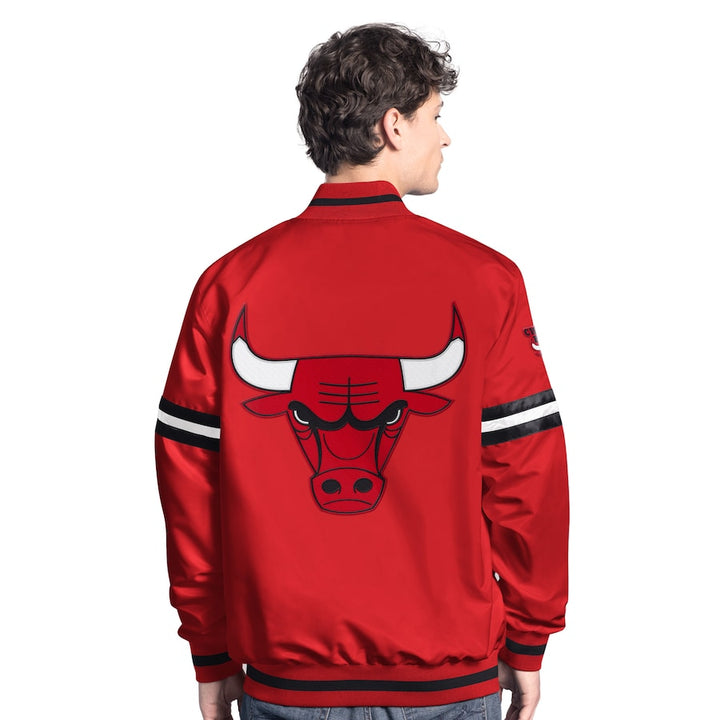Back view NBA Men's Chicago Bulls Starter Red/Black Scout Full Snap Varsity Jacket
