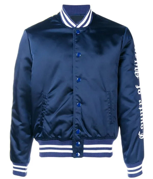 Navy blue varsity jacket with white lettering on a white background