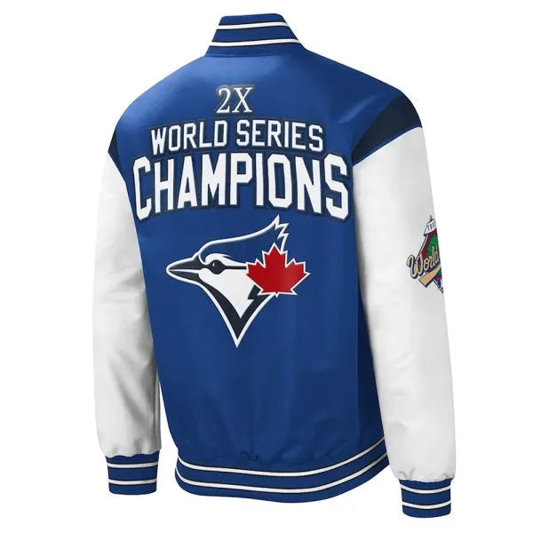Blue and white jacket with sports team logo and text on a white background