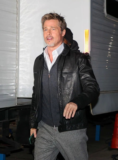 Trendy Brad Pitt leather jacket fashion in USA