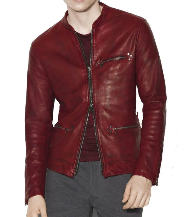 Front View Men’s Casual Red Burnished Dual Zipper Jacket