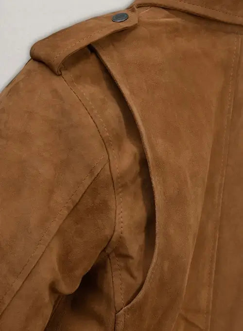 Side View of Caramel Brown Suede Biker Jacket in German market