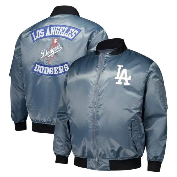 LA Dodgers charcoal bomber full-zip jacket front view

