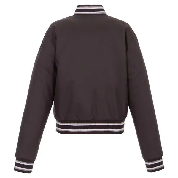 Dark gray jacket with striped cuffs and collar on a white background