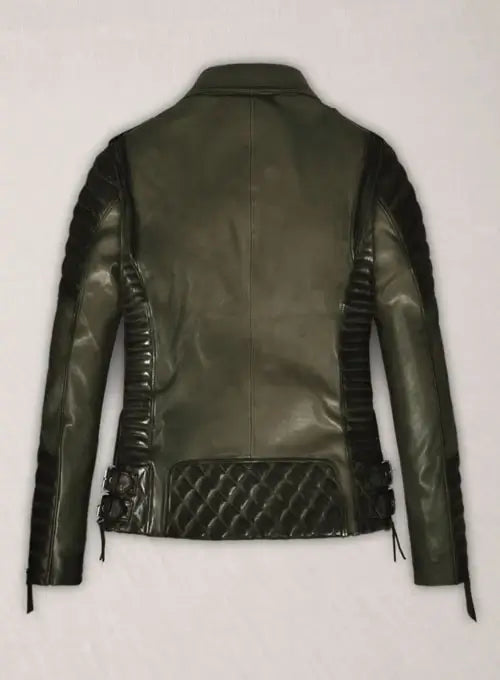 Charlotte Burnt Olive Leather Jacket with Zipper Closure in United state market