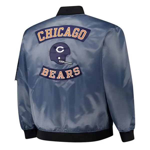 Back view of bomber jacket with Chicago Bears embroidered graphic

