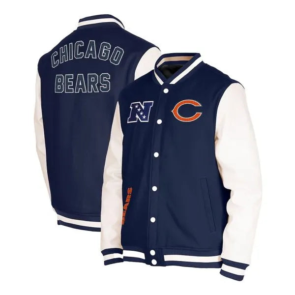 Chicago Bears third down varsity jacket navy and off-white

