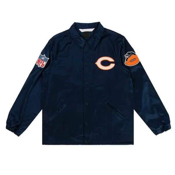Front view of Chicago Bears navy satin windbreaker

